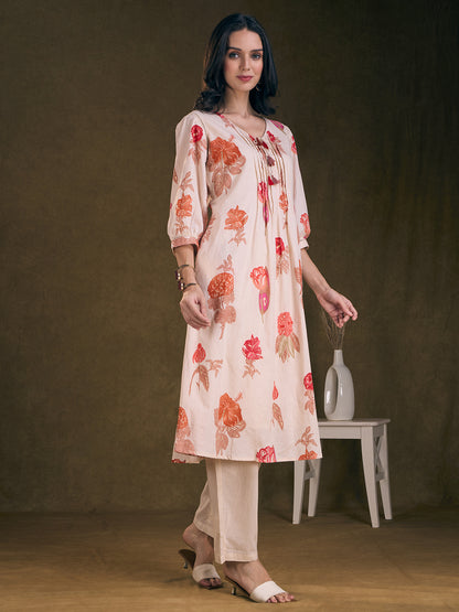 Ethnic Floral Printed A-Line Pleated Kurta with Pant - Off White
