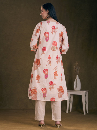 Ethnic Floral Printed A-Line Pleated Kurta with Pant - Off White