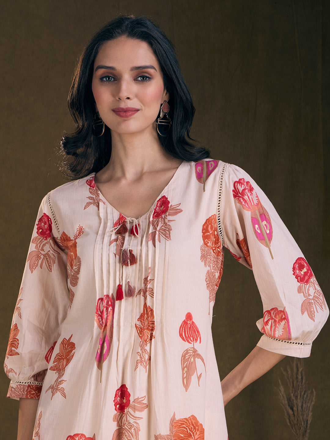 Ethnic Floral Printed A-Line Pleated Kurta with Pant - Off White