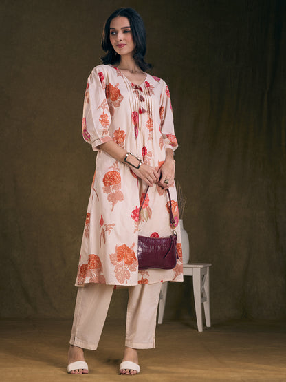 Ethnic Floral Printed A-Line Pleated Kurta with Pant - Off White