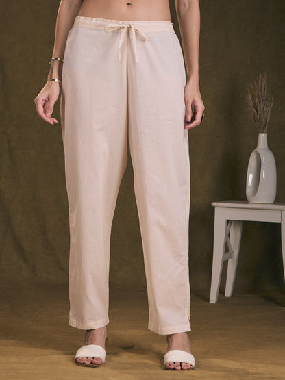 Ethnic Floral Printed A-Line Pleated Kurta with Pant - Off White