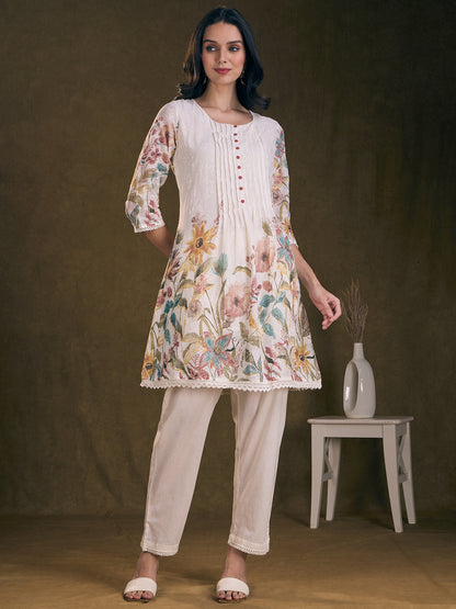 Floral Printed A-Line Flared Kurta with Pant - Off White