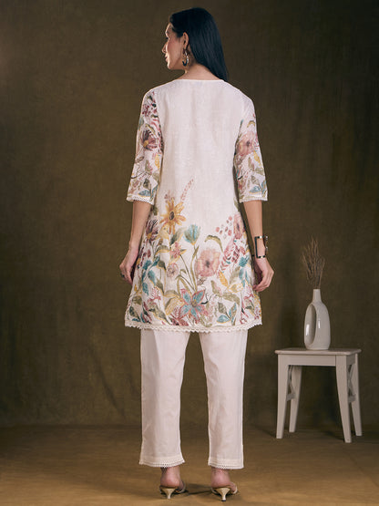 Floral Printed A-Line Flared Kurta with Pant - Off White