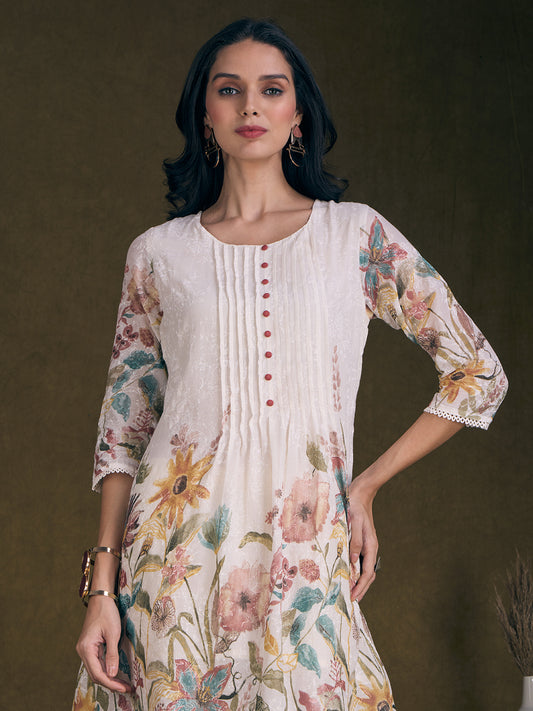 Floral Printed A-Line Flared Kurta with Pant - Off White