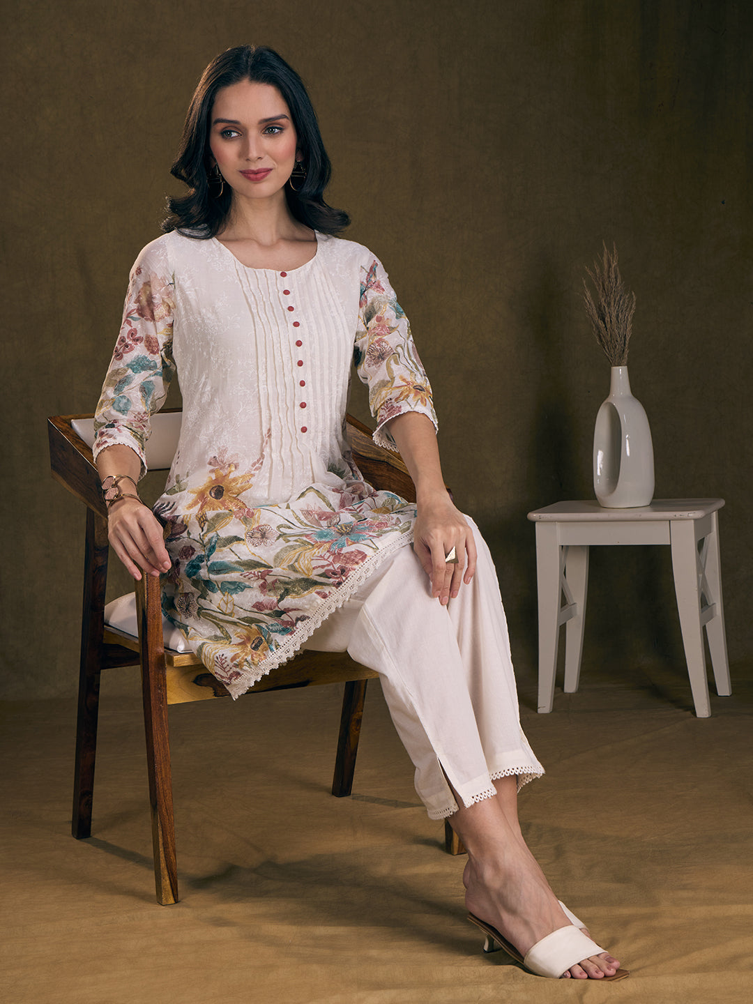 Floral Printed A-Line Flared Kurta with Pant - Off White