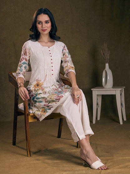 Floral Printed A-Line Flared Kurta with Pant - Off White