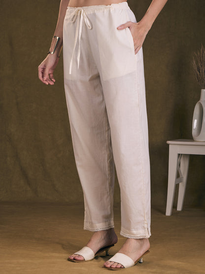 Floral Printed A-Line Flared Kurta with Pant - Off White