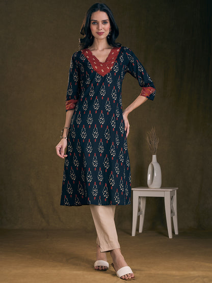 Ethnic Ikat Printed & Embroidered A-Line Kurta with Palazzo - Black