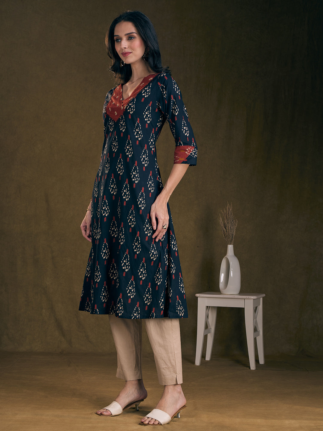 Ethnic Ikat Printed & Embroidered A-Line Kurta with Palazzo - Black