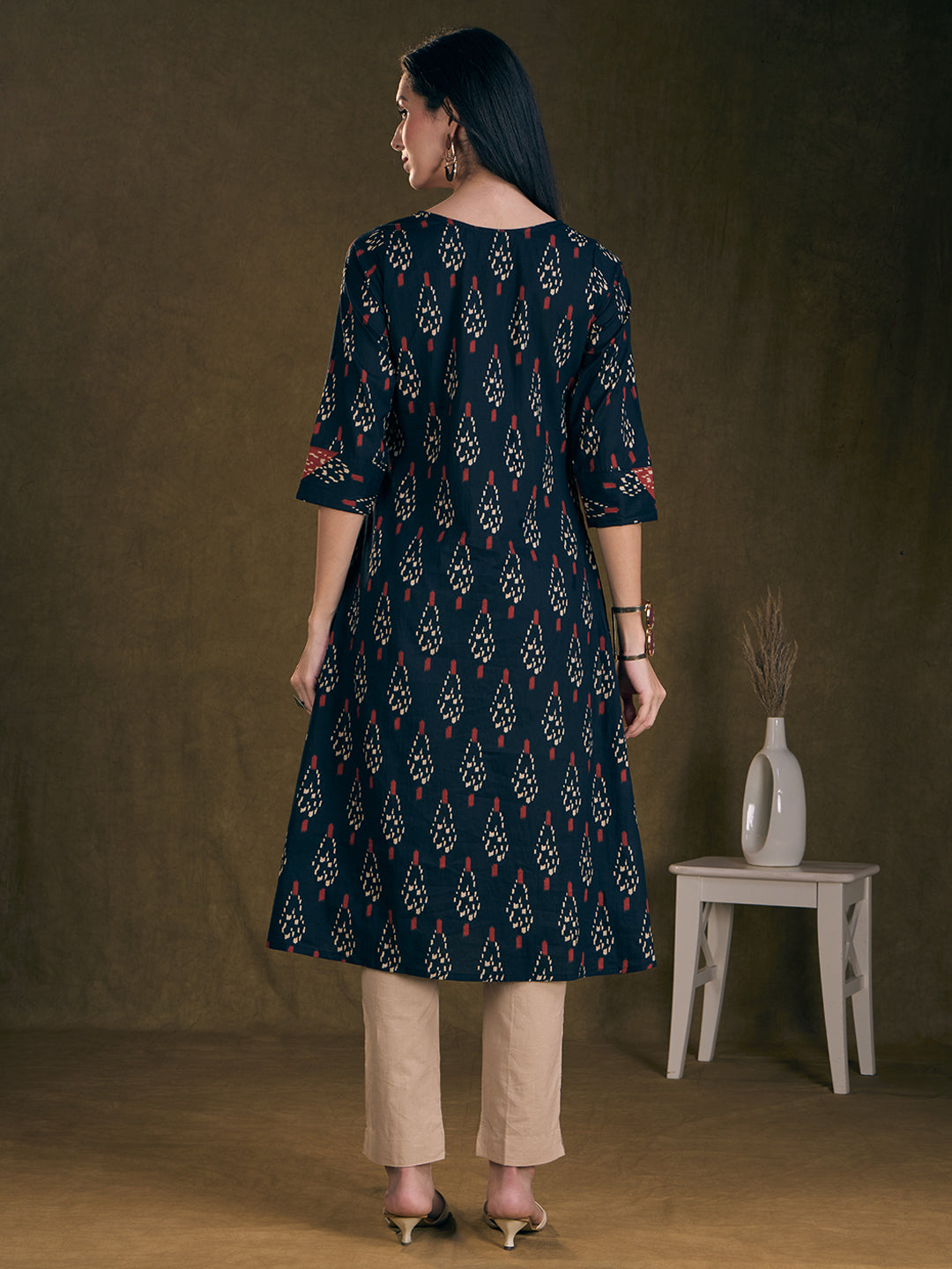 Ethnic Ikat Printed & Embroidered A-Line Kurta with Palazzo - Black