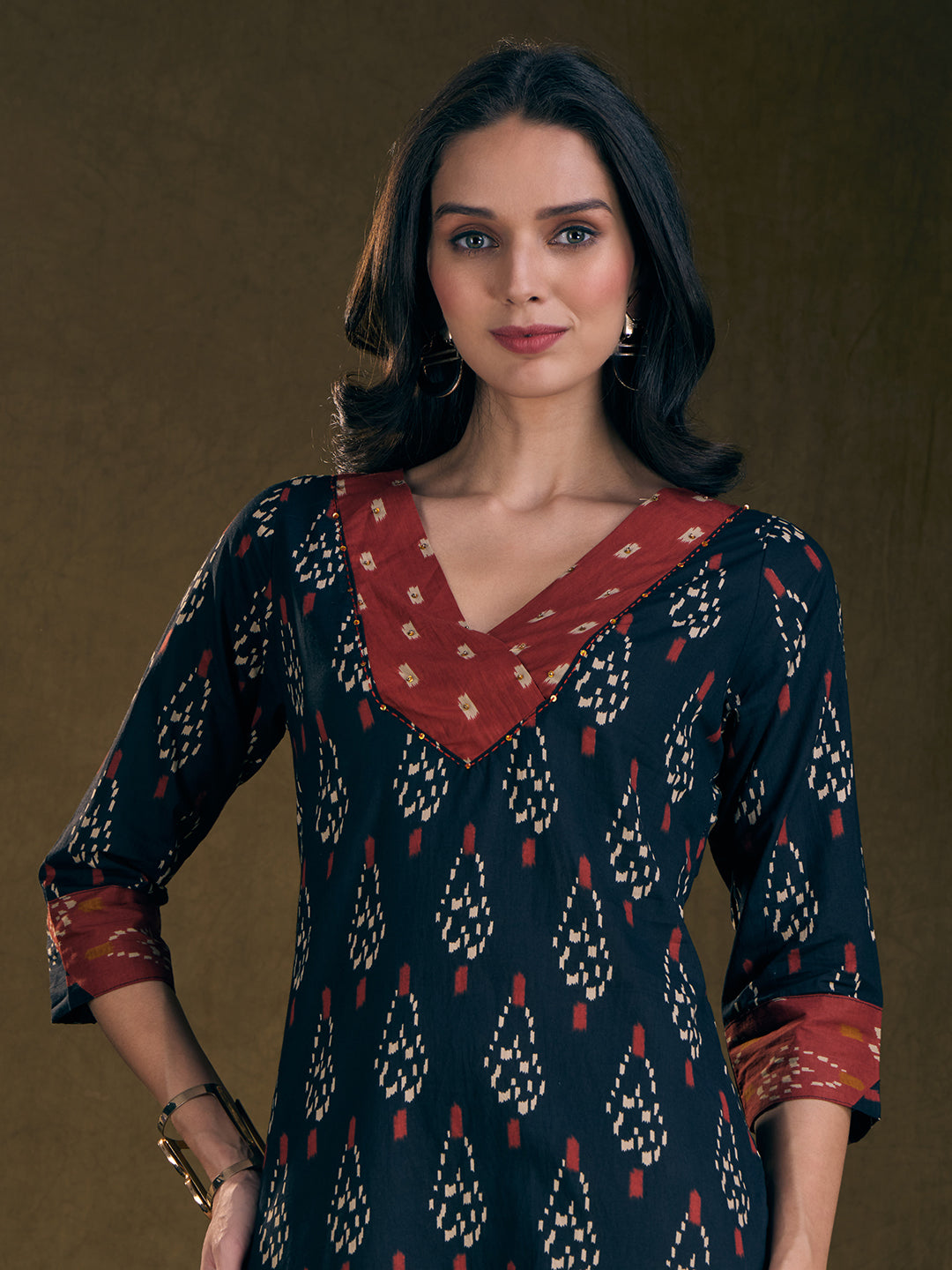 Ethnic Ikat Printed & Embroidered A-Line Kurta with Palazzo - Black