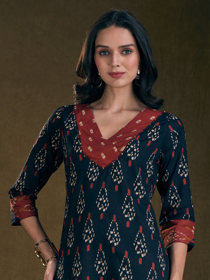 Ethnic Ikat Printed & Embroidered A-Line Kurta with Palazzo - Black
