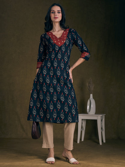 Ethnic Ikat Printed & Embroidered A-Line Kurta with Palazzo - Black