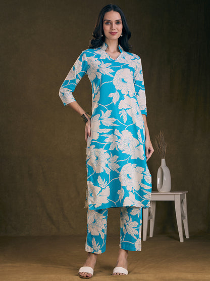 Abstract Floral Printed Straight Fit Co-ord Set - Sky Blue