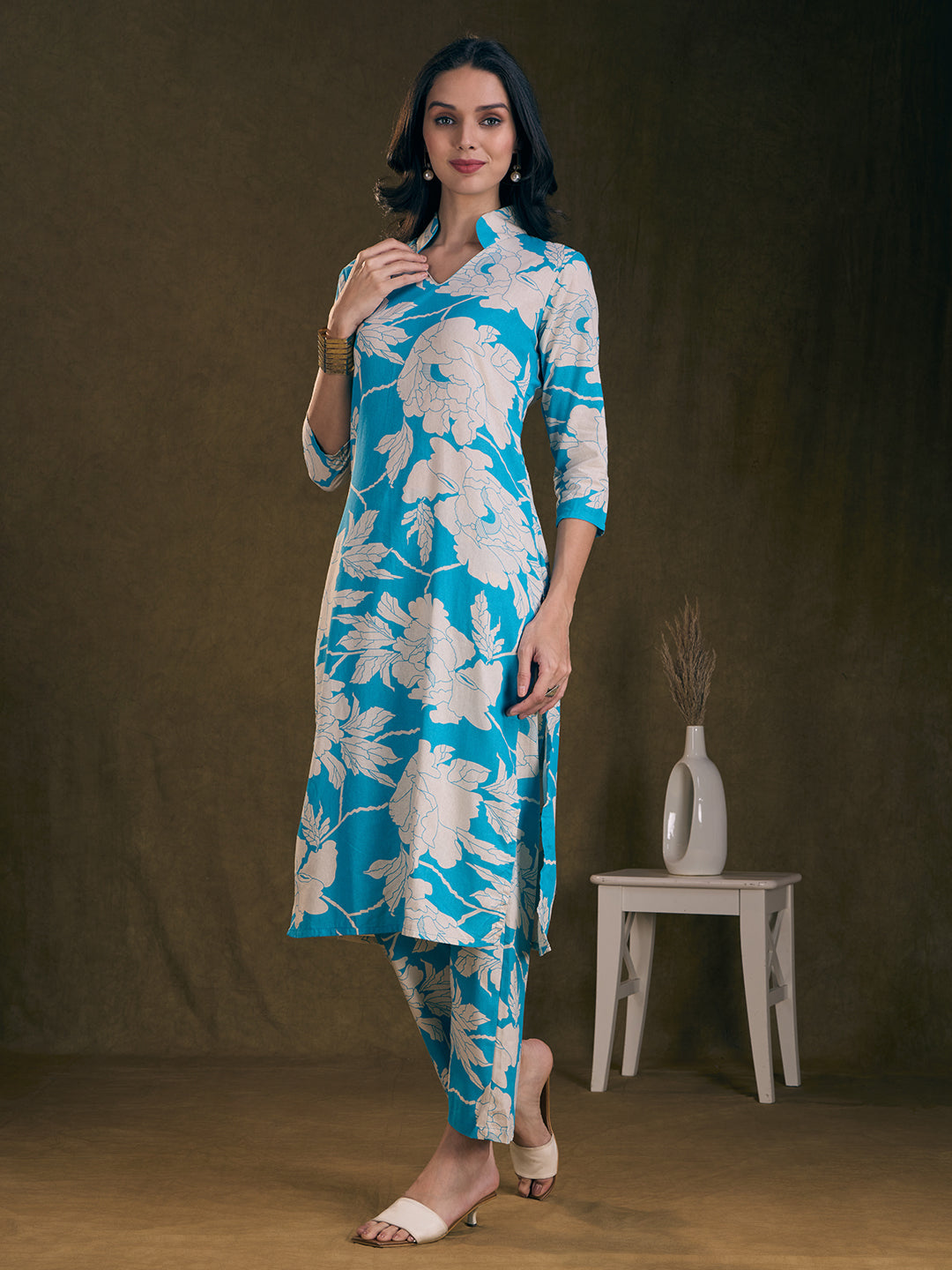 Abstract Floral Printed Straight Fit Co-ord Set - Sky Blue