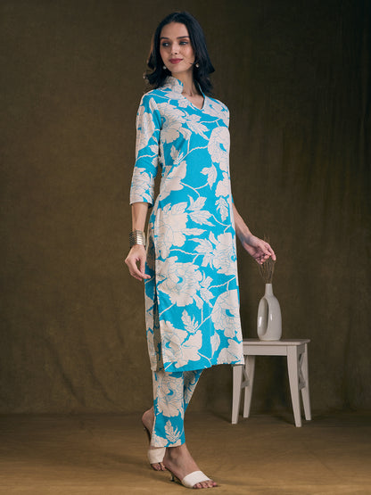 Abstract Floral Printed Straight Fit Co-ord Set - Sky Blue