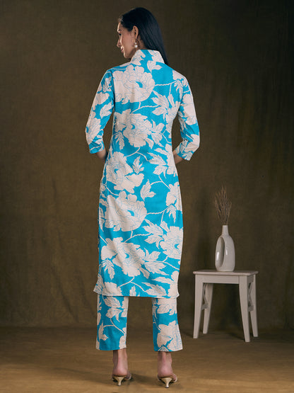 Abstract Floral Printed Straight Fit Co-ord Set - Sky Blue