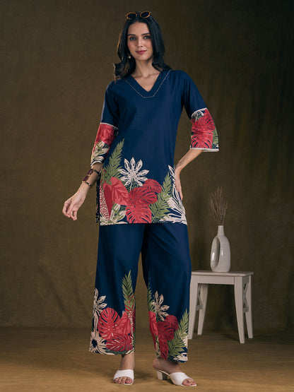 Abstract Floral Printed Straight Fit Co-ord Set - Navy Blue