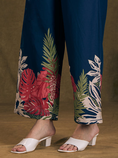 Abstract Floral Printed Straight Fit Co-ord Set - Navy Blue