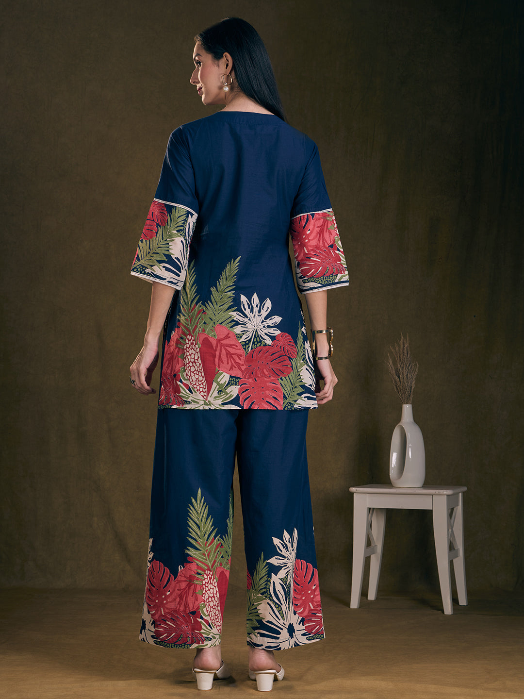 Abstract Floral Printed Straight Fit Co-ord Set - Navy Blue