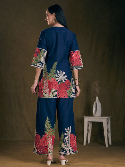 Abstract Floral Printed Straight Fit Co-ord Set - Navy Blue