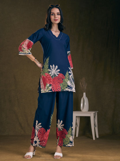 Abstract Floral Printed Straight Fit Co-ord Set - Navy Blue