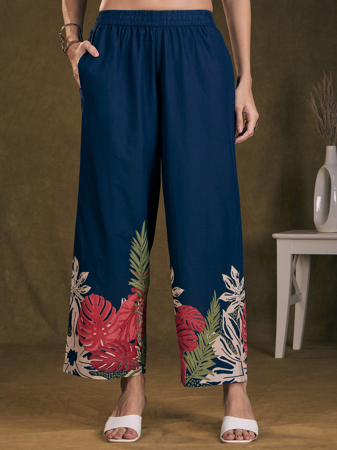 Abstract Floral Printed Straight Fit Co-ord Set - Navy Blue