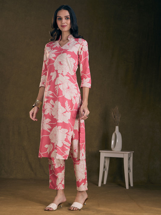 Abstract Floral Printed Straight Fit Co-ord Set - Pink