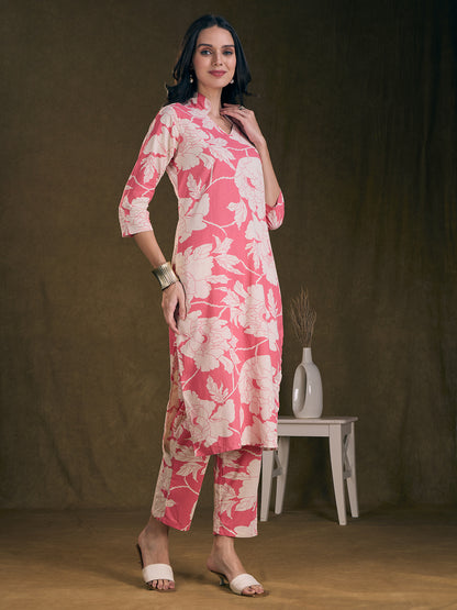 Abstract Floral Printed Straight Fit Co-ord Set - Pink