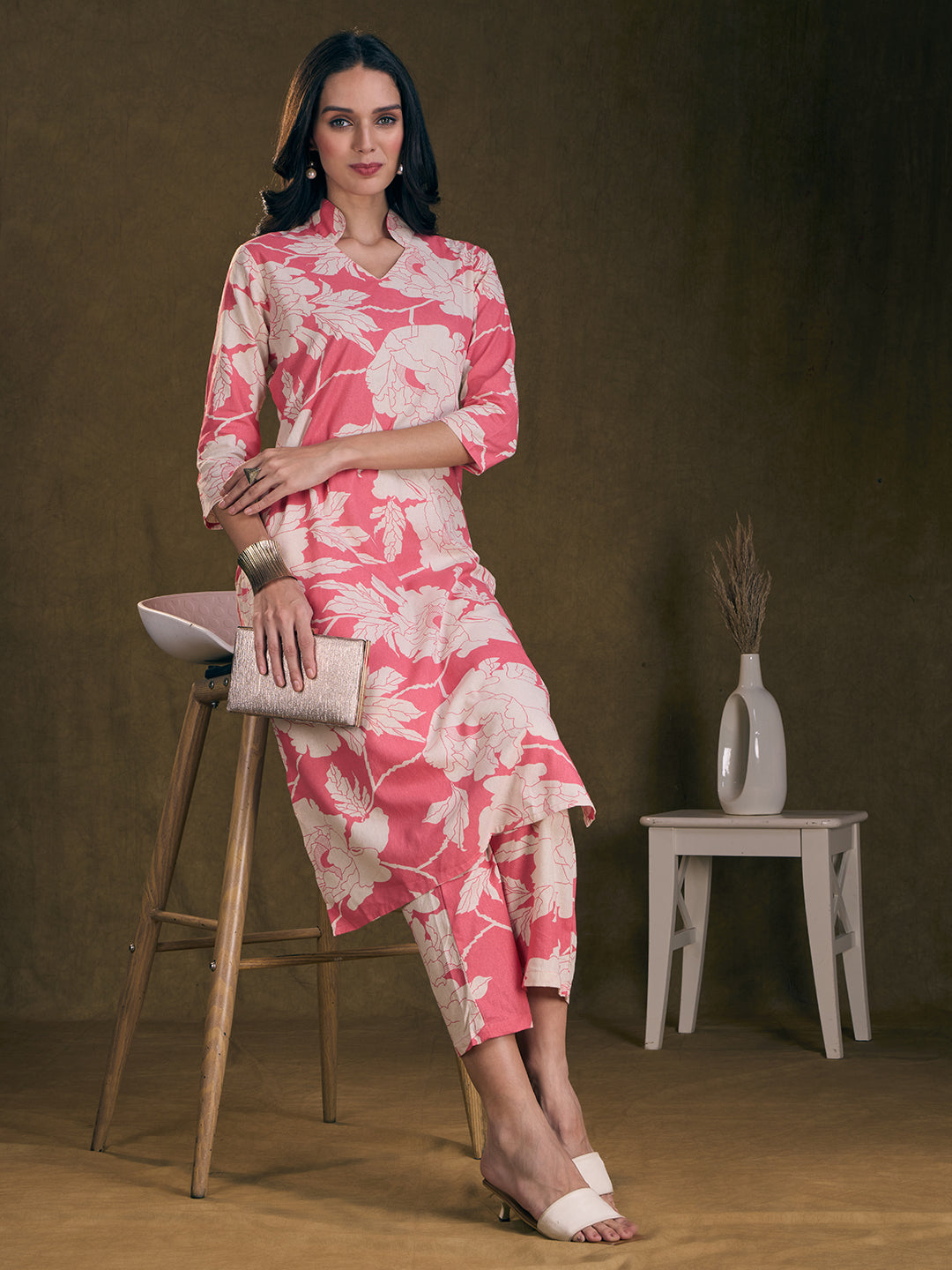 Abstract Floral Printed Straight Fit Co-ord Set - Pink