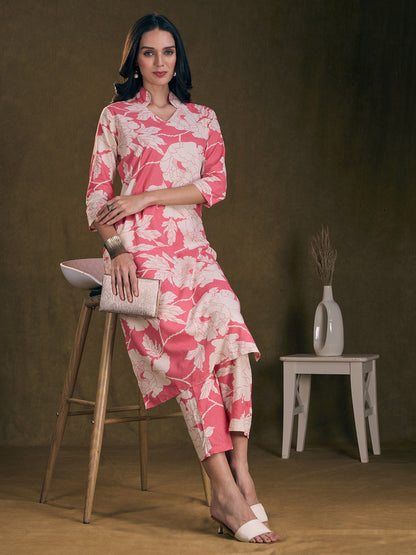 Abstract Floral Printed Straight Fit Co-ord Set - Pink