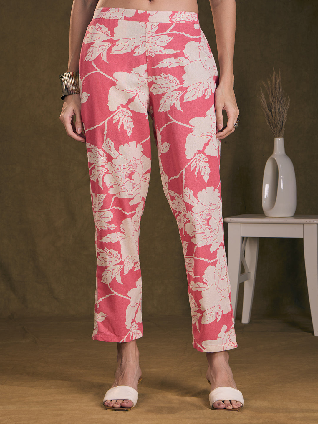 Abstract Floral Printed Straight Fit Co-ord Set - Pink