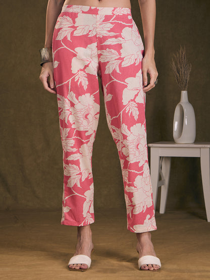 Abstract Floral Printed Straight Fit Co-ord Set - Pink