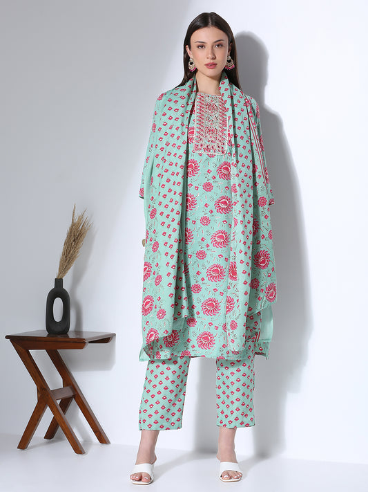 Ethnic Floral Printed & Embroidered Straight Fit Kurta with Pant & Dupatta - Green