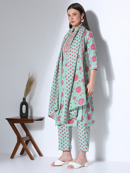 Ethnic Floral Printed & Embroidered Straight Fit Kurta with Pant & Dupatta - Green
