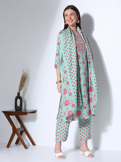 Ethnic Floral Printed & Embroidered Straight Fit Kurta with Pant & Dupatta - Green