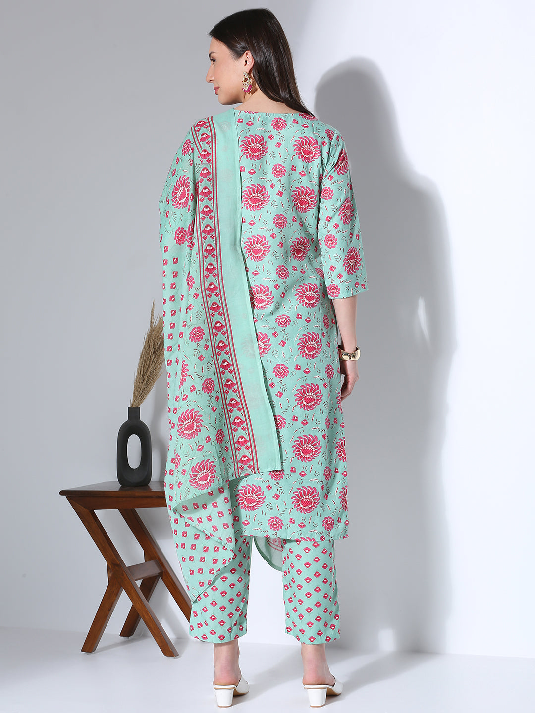 Ethnic Floral Printed & Embroidered Straight Fit Kurta with Pant & Dupatta - Green