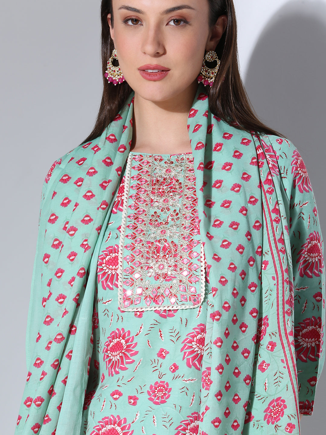 Ethnic Floral Printed & Embroidered Straight Fit Kurta with Pant & Dupatta - Green