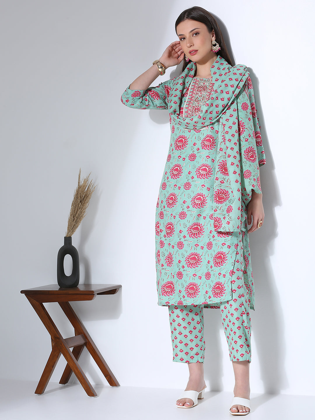 Ethnic Floral Printed & Embroidered Straight Fit Kurta with Pant & Dupatta - Green