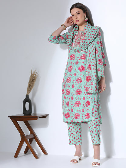 Ethnic Floral Printed & Embroidered Straight Fit Kurta with Pant & Dupatta - Green