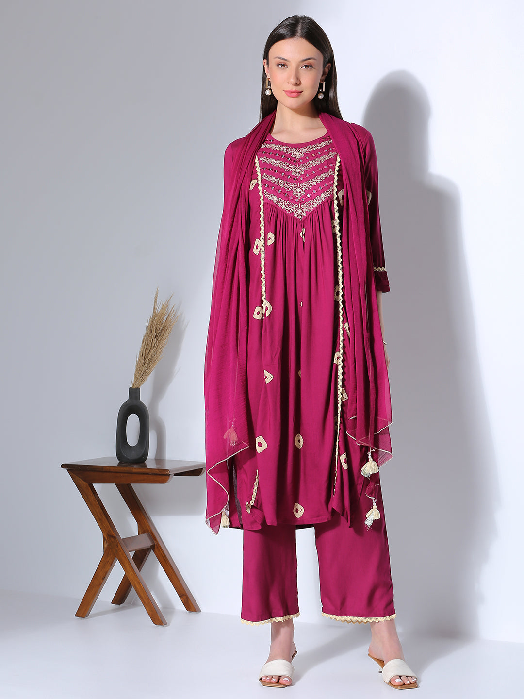 Bandhani Printed & Embroidered A-Line Pleated Kurta with Palazzo & Dupatta - Wine