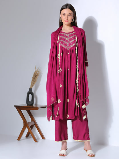 Bandhani Printed & Embroidered A-Line Pleated Kurta with Palazzo & Dupatta - Wine