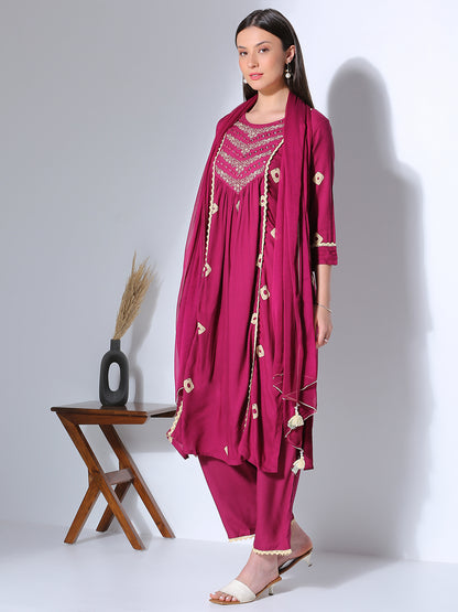 Bandhani Printed & Embroidered A-Line Pleated Kurta with Palazzo & Dupatta - Wine