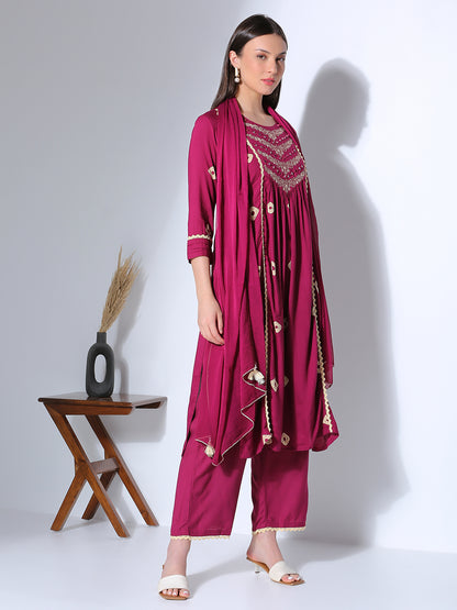 Bandhani Printed & Embroidered A-Line Pleated Kurta with Palazzo & Dupatta - Wine