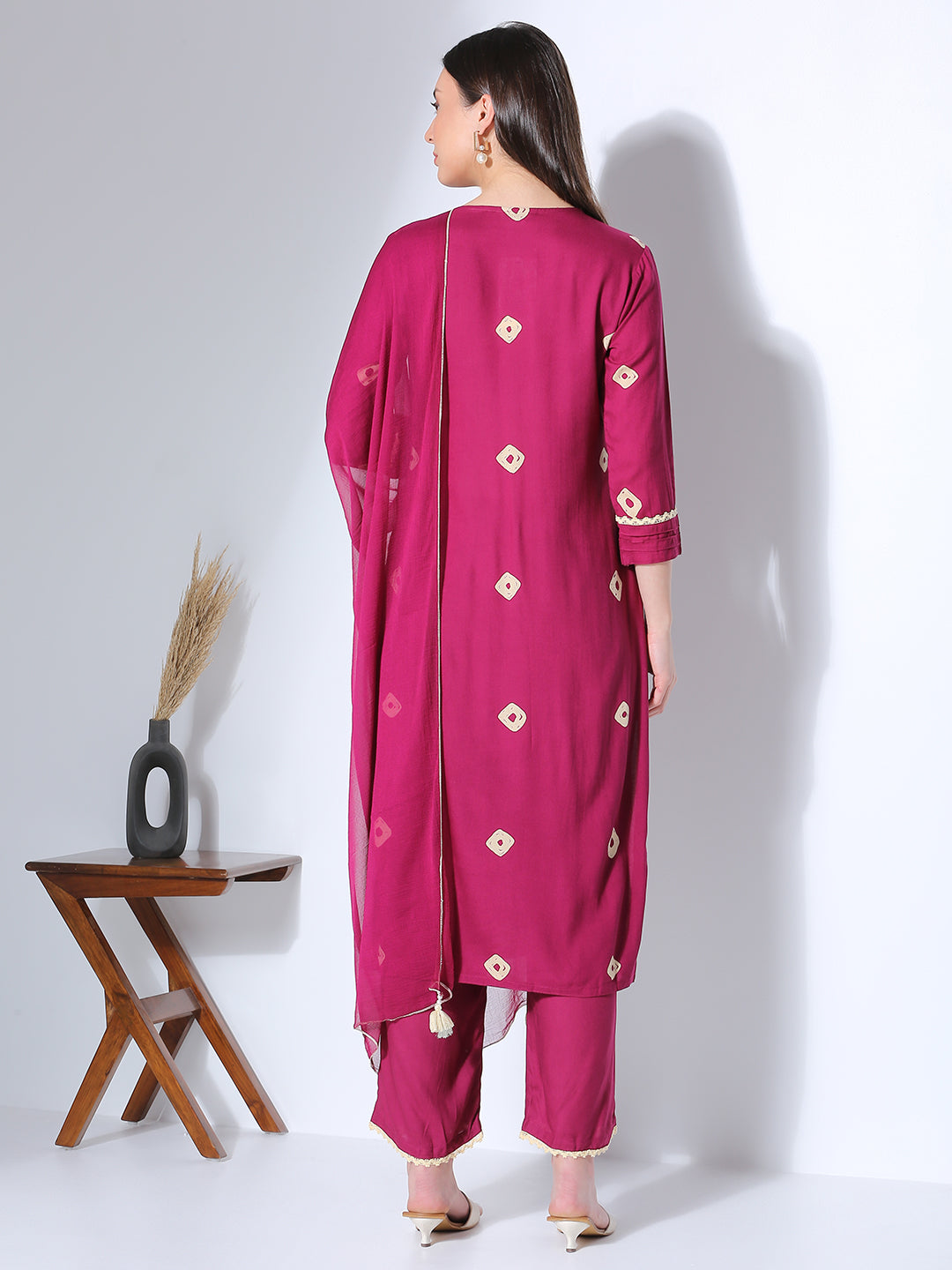 Bandhani Printed & Embroidered A-Line Pleated Kurta with Palazzo & Dupatta - Wine