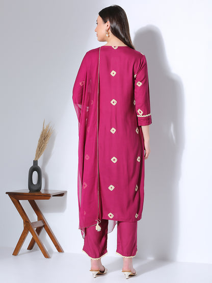 Bandhani Printed & Embroidered A-Line Pleated Kurta with Palazzo & Dupatta - Wine