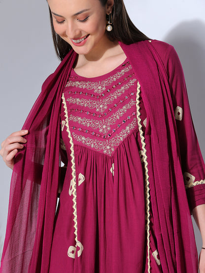 Bandhani Printed & Embroidered A-Line Pleated Kurta with Palazzo & Dupatta - Wine