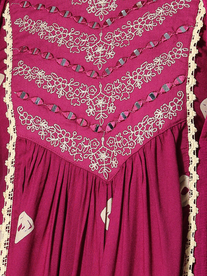 Bandhani Printed & Embroidered A-Line Pleated Kurta with Palazzo & Dupatta - Wine