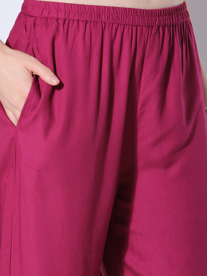 Bandhani Printed & Embroidered A-Line Pleated Kurta with Palazzo & Dupatta - Wine