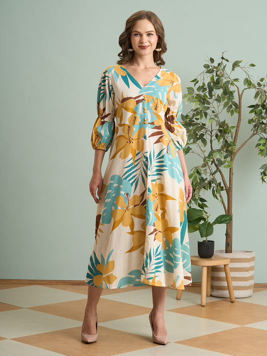 Abstract Printed A-Line Pleated Midi Cotton Flax Dress - Multi